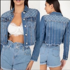 Denim jacket embellished with fringe rhinestones